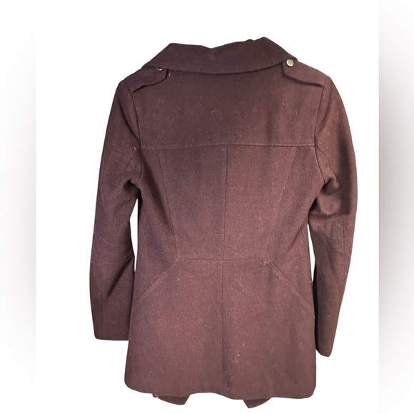 A271 French Connection Tulip Hem Asymmetrical Wool Coat Burgundy Wine Sz XS - Picture 3 of 8